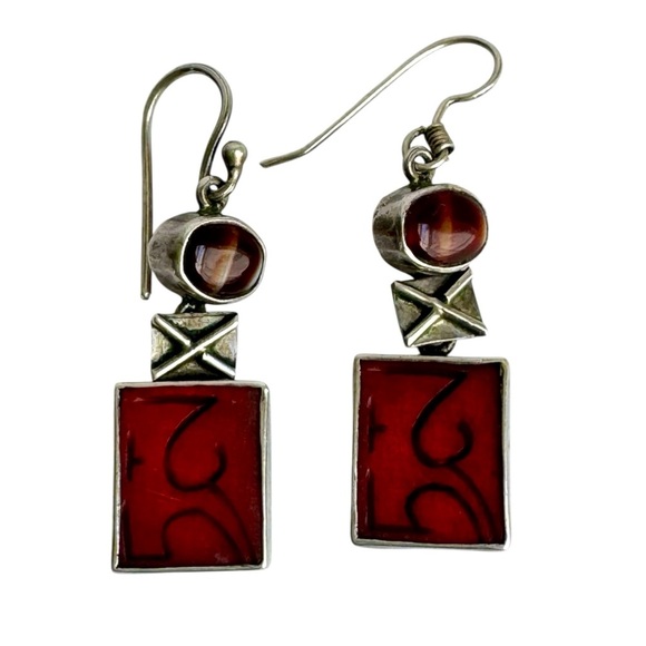 Janice Lee Ripley Earrings Sterling Silver Vintage Gemstone Drop Dangle Artisan - Picture 1 of 9